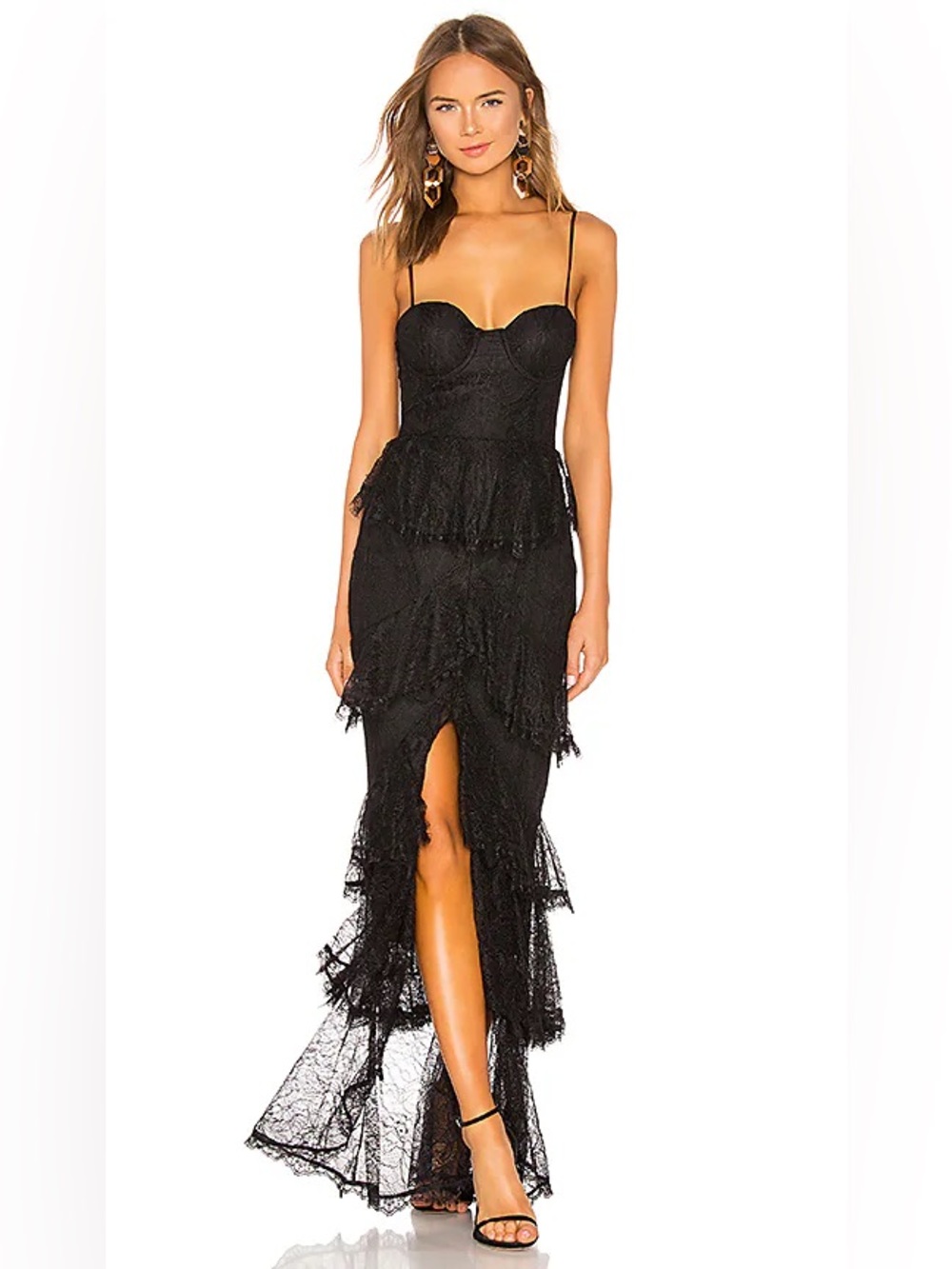 MAJORELLE Black Strapless Lace Tiered Slit Gown